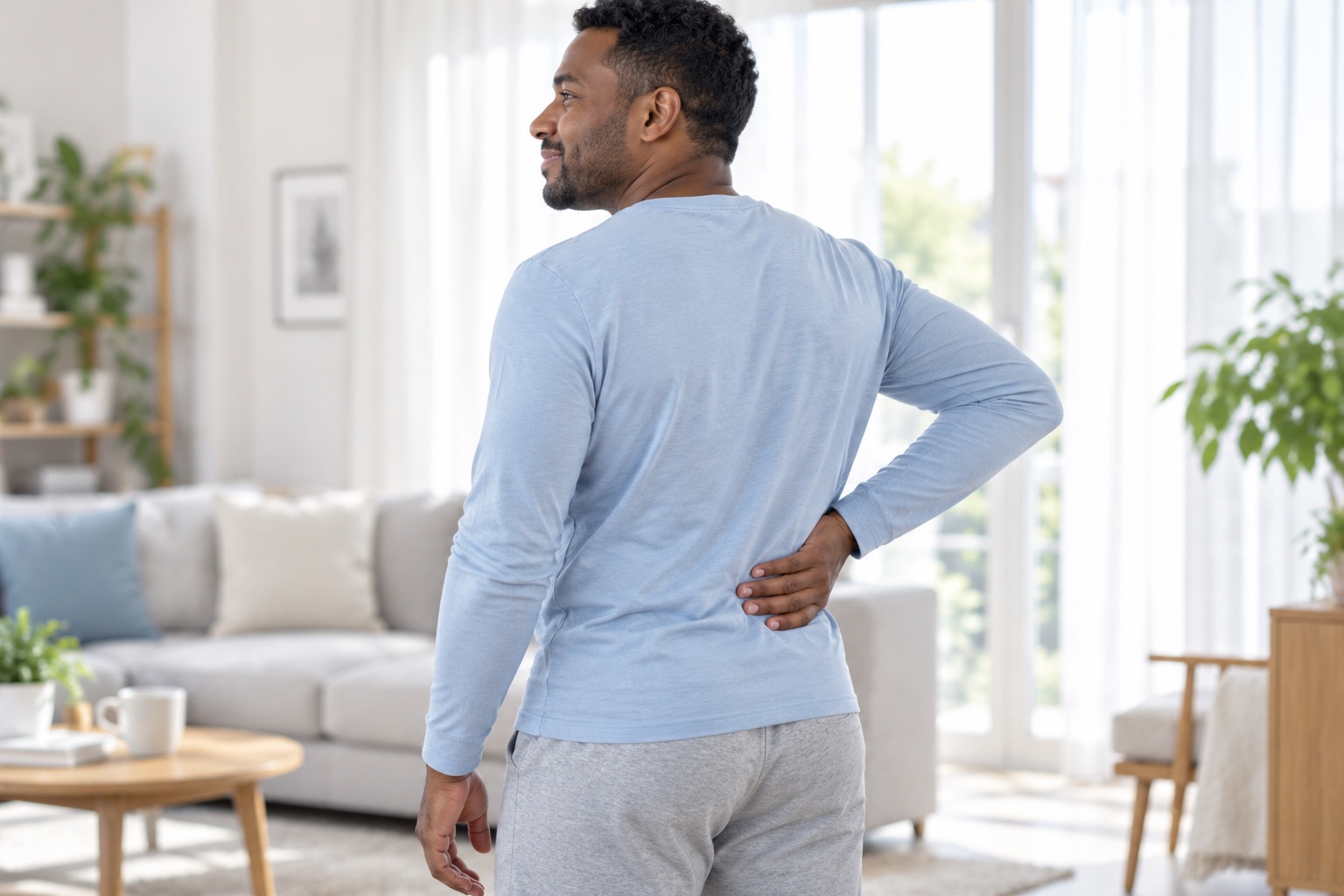 A man resting his hand on his lower back at home, with the application area highlighted in warm orange