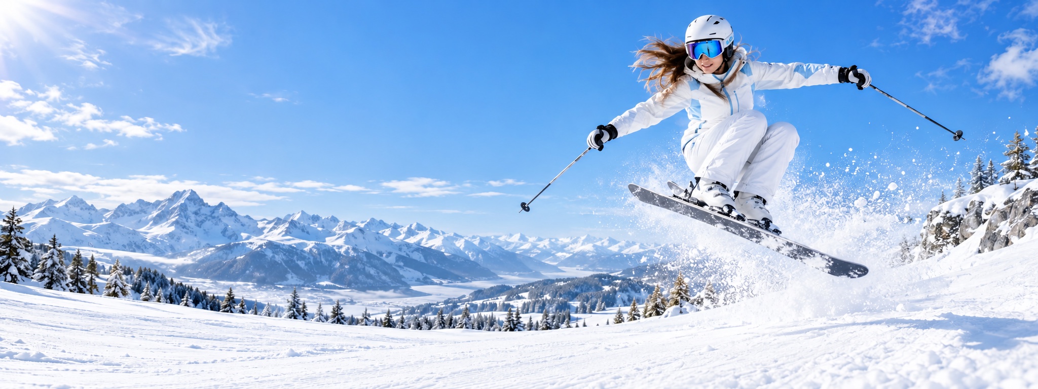 An airborne skier in white above a bright snowfield, with blue skies and both skis in view