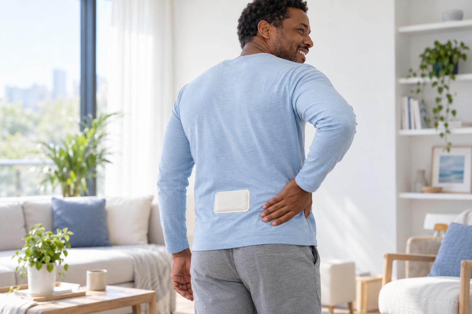 Man with an unbranded warming patch clearly visible on the outside of his shirt at his lower back
