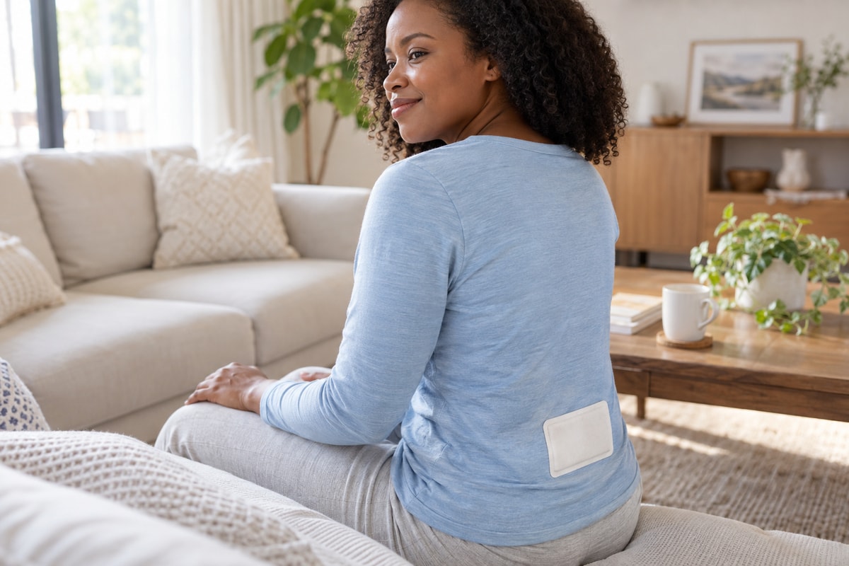 Woman seated in a bright living room with a white heat patch visible on the outside of her blue top at her lower back