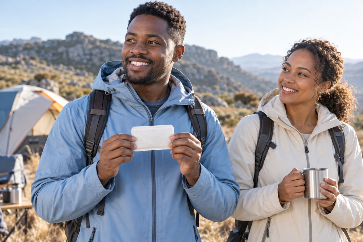 Man holding a clearly visible white hand warmer beside a friend at a sunny mountain campsite